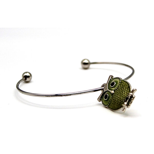 Silent Wisdom: Black &Green Owl Silver Bracelet
