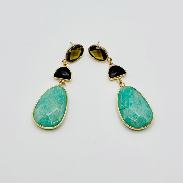 Aligned Power: Golden Earrings with Jade, Onyx & Brown Agate