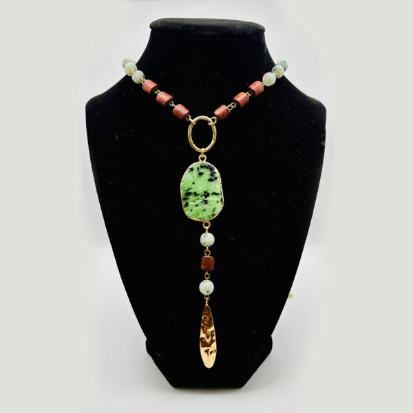 Awakened Grace Artisan Necklace with Tiger-Eye, Moonstone &Tsavorite Pendant