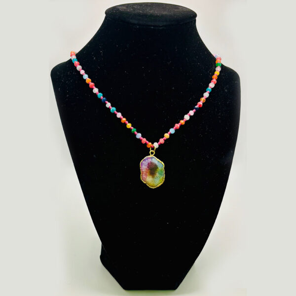 Radiance of Life: Multicolor Gemstone Necklace & Iridescent Drop Pendant