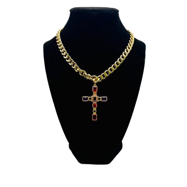 Golden Interlaced Necklace with Multicolor Gemstone Cross
